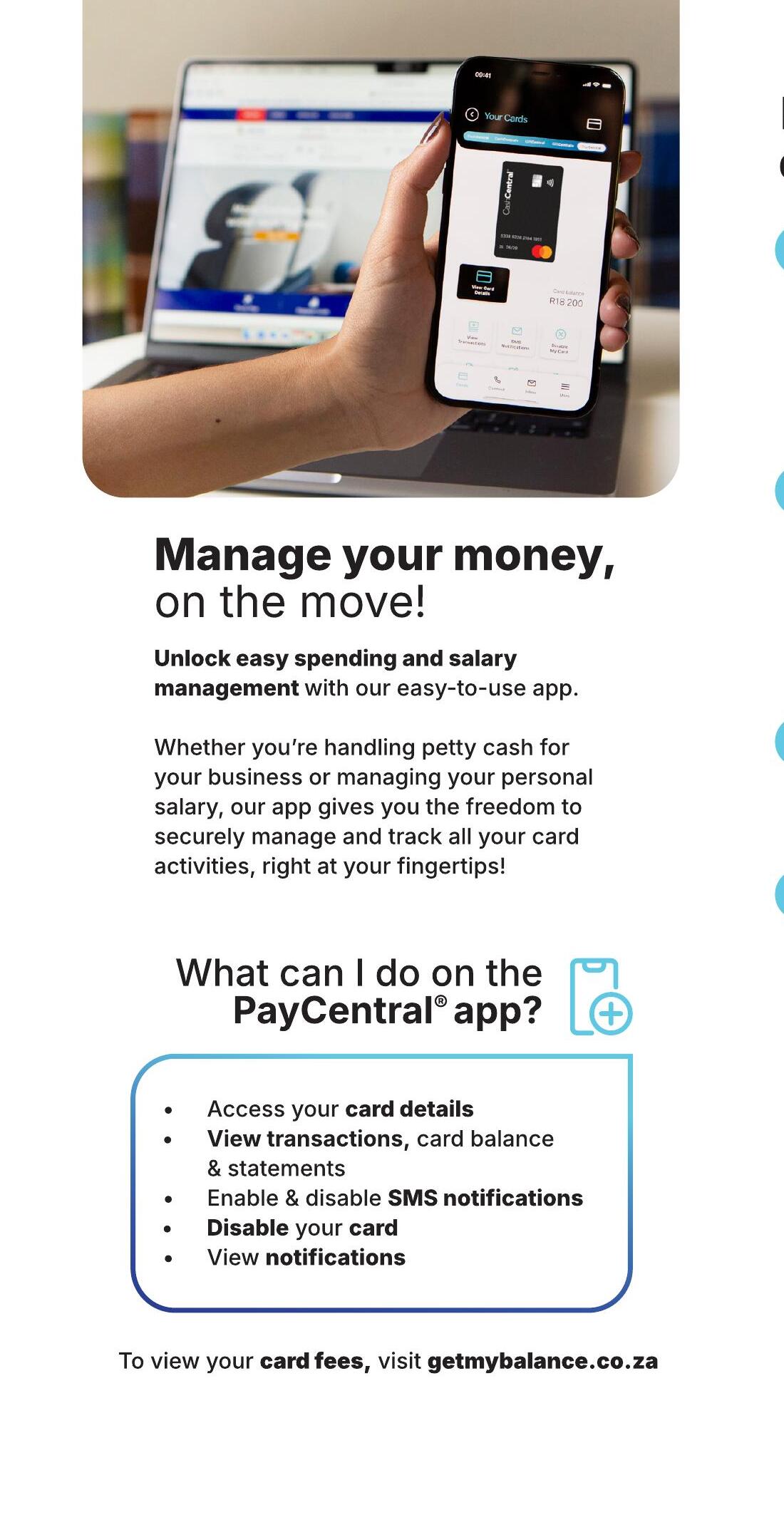 PayCentral app shown on a phone with card details and balance